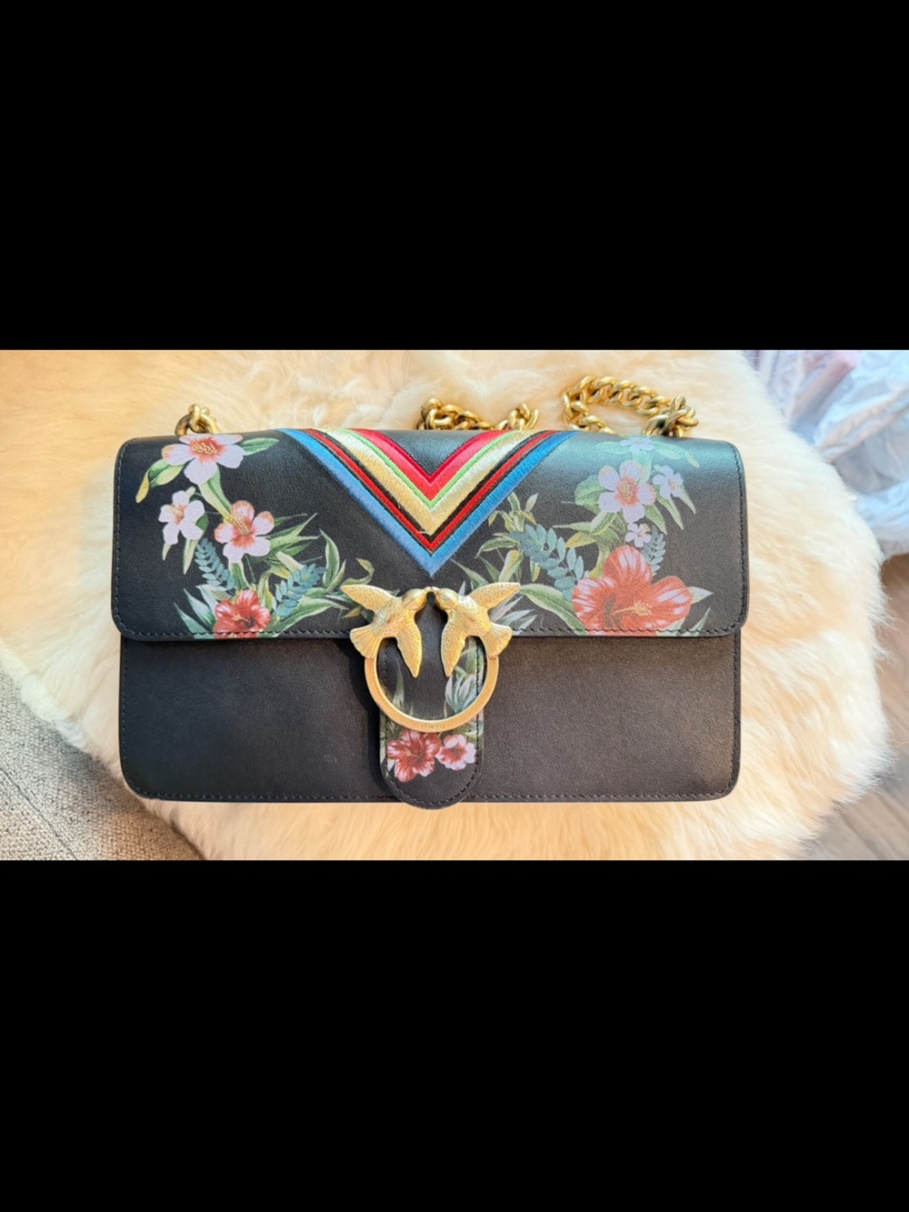 Pinko Black Floral Crossbody Bag with Gold Double-Bird Ring